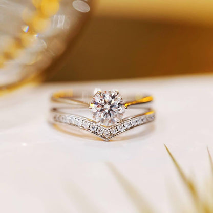 Sterling Silver Moissanite V Ring +Classic Shining Moissanite Ring