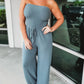 Off Shoulder Solid Color Smocked Jumpsuit