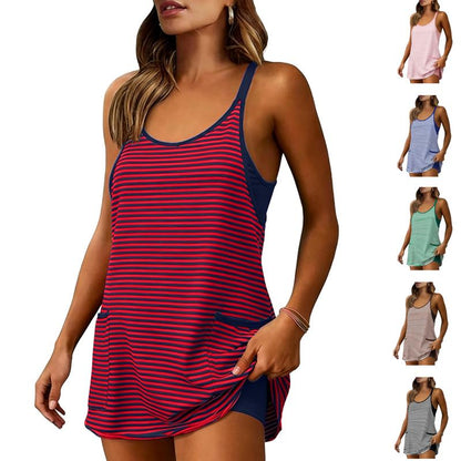 🚨Limited Time 50% Off Striped Tankini Dress with Pockets, High Waist Conservative Swimwear1
