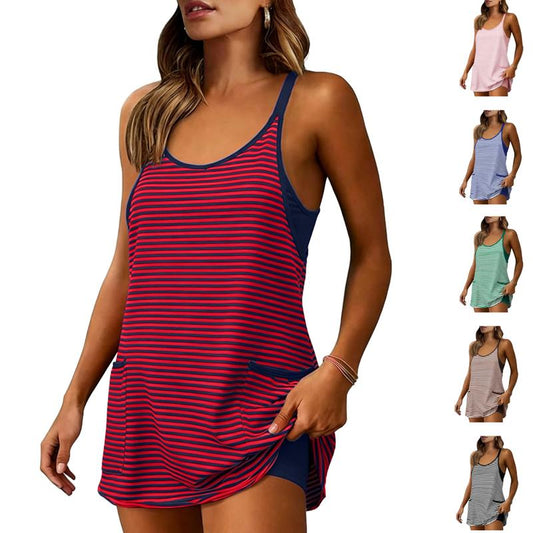 🚨Limited Time 50% Off Striped Tankini Dress with Pockets, High Waist Conservative Swimwear1