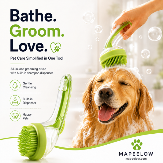 Pet bath brush with a long handle and shampoo dispenser