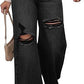 High-Waisted Ripped Wide-Leg Jeans, Vintage Style, Button Fly Closure, Loose Fit, Mid Waist, Floor-Length, Casual All-Season Wear