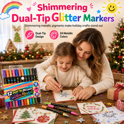 ⏰🎁24 Pack Dual Tip Glitter Markers and Highlighters Set 24 Colors Double Ended Soft Brush Tip Pens for Student Art Drawing
