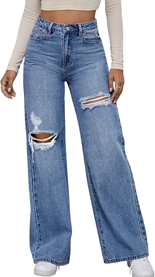High-Waisted Ripped Wide-Leg Jeans, Vintage Style, Button Fly Closure, Loose Fit, Mid Waist, Floor-Length, Casual All-Season Wear