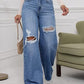 High-Waisted Ripped Wide-Leg Jeans, Vintage Style, Button Fly Closure, Loose Fit, Mid Waist, Floor-Length, Casual All-Season Wear