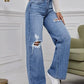 High-Waisted Ripped Wide-Leg Jeans, Vintage Style, Button Fly Closure, Loose Fit, Mid Waist, Floor-Length, Casual All-Season Wear