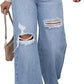 High-Waisted Ripped Wide-Leg Jeans, Vintage Style, Button Fly Closure, Loose Fit, Mid Waist, Floor-Length, Casual All-Season Wear