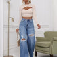 High-Waisted Ripped Wide-Leg Jeans, Vintage Style, Button Fly Closure, Loose Fit, Mid Waist, Floor-Length, Casual All-Season Wear