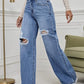 High-Waisted Ripped Wide-Leg Jeans, Vintage Style, Button Fly Closure, Loose Fit, Mid Waist, Floor-Length, Casual All-Season Wear