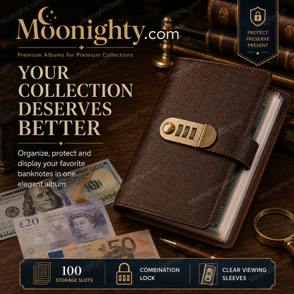 🎁Transparent-Pocket Currency Collectors Album, Top-Grade PU Leather, Password Lock, Durable Material, Secure Protection