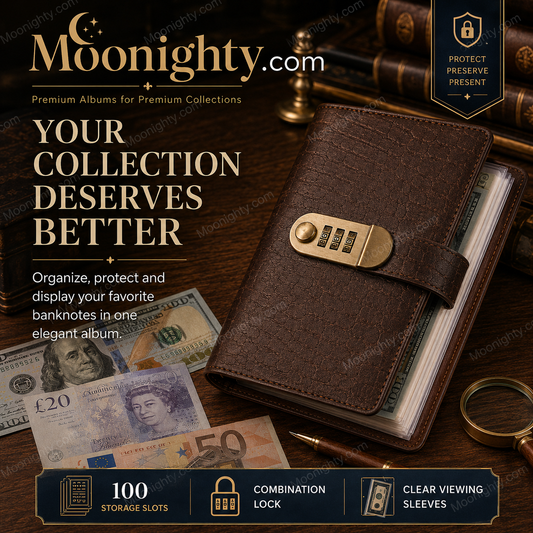 🎁Transparent-Pocket Currency Collectors Album, Top-Grade PU Leather, Password Lock, Durable Material, Secure Protection