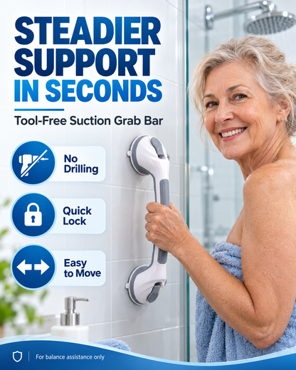 ✨ Suction Cup Grab Bar – Tool-Free No-Drill Install on Tile & Glass, Strong Vacuum Hold, Removable & Reusable – Extra Balance Support for Bathroom Safety 🔒