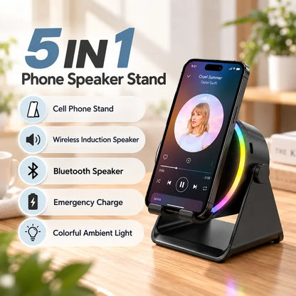 🎵5-in-1 Wireless Induction Bluetooth Speaker with Phone Stand