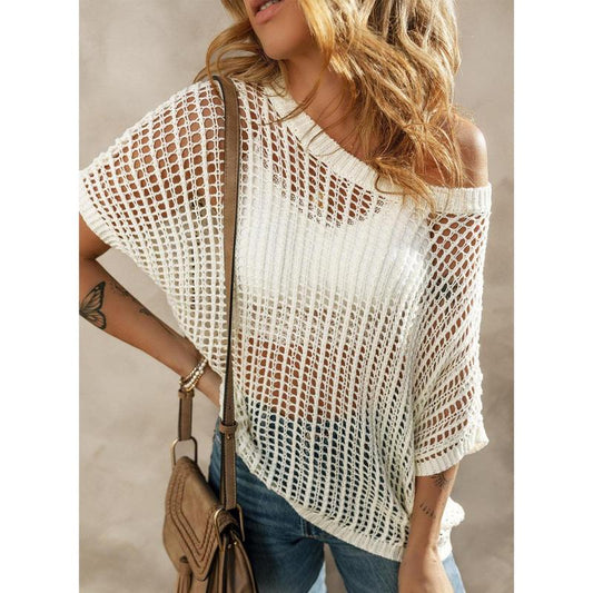 💥This Week's Special Price 💝Womens Summer Scoop Neck ShortSleeve Sweater Casual Crochet Hollow Out KnitTops