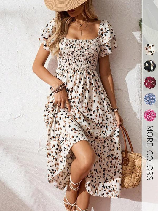 🌈2026 Summer Hot Sale 50% OFF!✨Square Neck Floral Midi Dress – Smocked Bodice, Flowy Tiered Skirt, Romantic 🌸