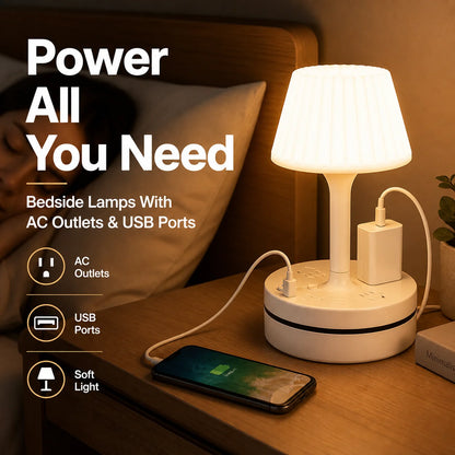 3-outlet power strip with 2 USB-A and 2 USB-C ports, featuring a built-in desk lamp, compatible with 220V-240V, maximum power 3250W, 13A, 1.8m cable, suitable for home, kitchen, outdoor, hotel, office, and cruise vacation use
