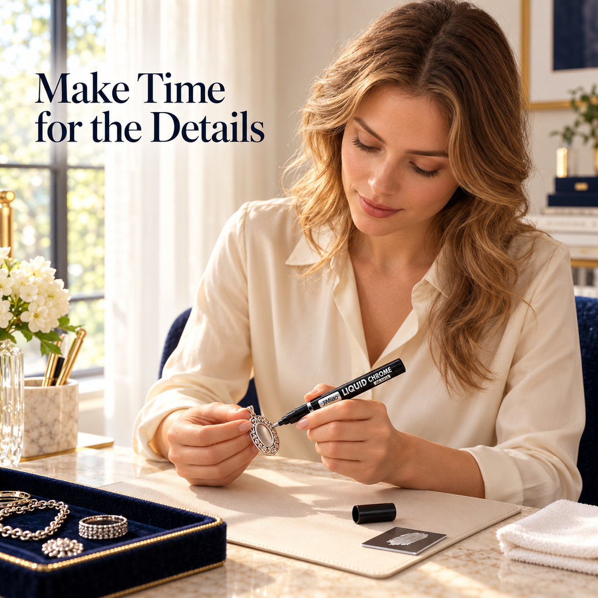 Careful cosmetic touch-up of an unworn decorative accessory at a work table