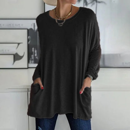 Women's Round Neck Long Sleeve Loose Pocket T-Shirt