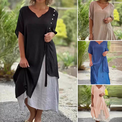 Short Sleeve Loose Fit Cotton Linen Dress