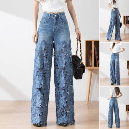 💖Women's High-Waisted Blue Denim Wide-Leg Pants (Hollow-out Lace Panels)