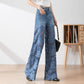 💖Women's High-Waisted Blue Denim Wide-Leg Pants (Hollow-out Lace Panels)