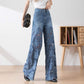 💖Women's High-Waisted Blue Denim Wide-Leg Pants (Hollow-out Lace Panels)
