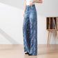 💖Women's High-Waisted Blue Denim Wide-Leg Pants (Hollow-out Lace Panels)