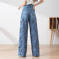 💖Women's High-Waisted Blue Denim Wide-Leg Pants (Hollow-out Lace Panels)