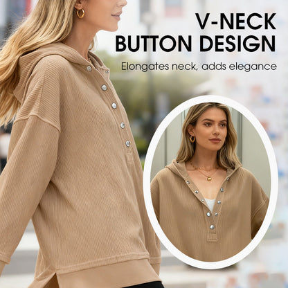 🎉 LIMITED TIME 70% OFF! 🧥 Women's Fashion Long Sleeve Hoodie – V-Neck Button Detail, Relaxed Fit & Side Slits – Effortlessly Chic 🌸✨