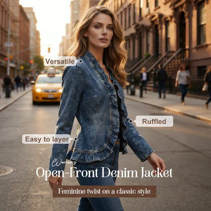 🧥 LIMITED-TIME 66% OFF! ✨ Women's Denim Jacket – Open-Front, Ruffle Trim, Lightweight, Classic Wash ✨