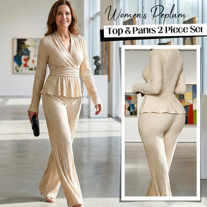 💎 60% OFF! 💎 Women's Peplum Top & Pants 2-Piece Set – Wrap Waist, Crossover V-Neck & Textured Fabric (3 Colors) 👗🖤