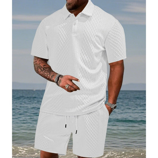 🔥Free Delivery🔥Men’s Diamond Pattern Turn-Down Collar Short Sleeve Top & Drawstring Shorts 2-Piece Set