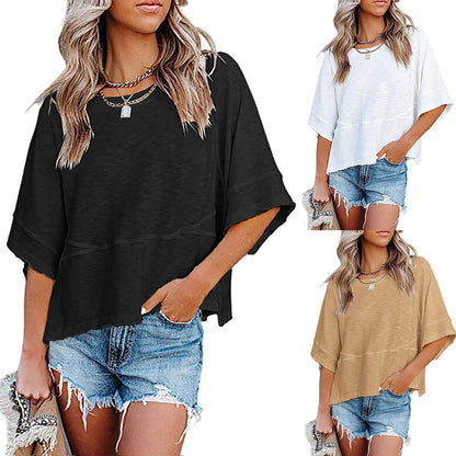 ☀️2026 HOT SALE 49% OFF💃🌸Women's Solid Color Splicing Loose Five Points Flare Sleeve T-Shirt