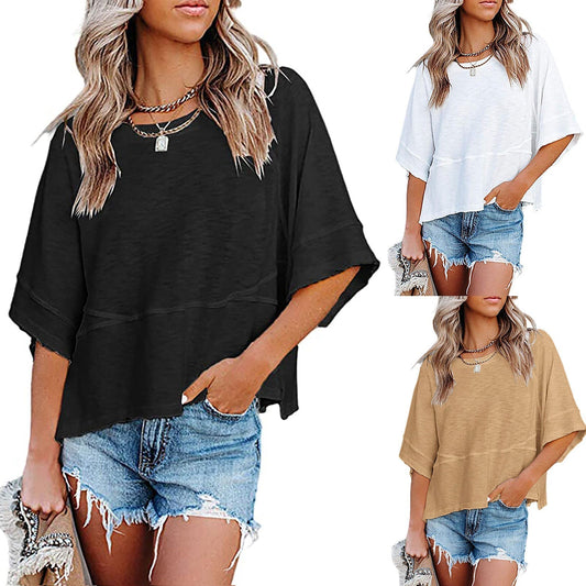 ☀️2026 HOT SALE 40% OFF💃🌸Women's Solid Color Splicing Loose Five Points Flare Sleeve T-Shirt
