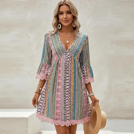 🔥2026 Hot Sale 56% OFF✨⚡ 50K+ SOLD! 🎁 Taster Pack Women's Bohemian Print V-Neck Mini Dress