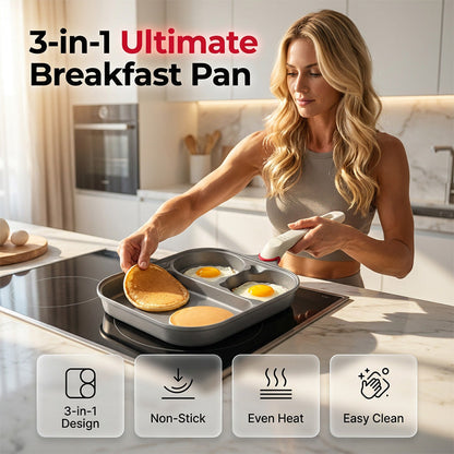 🍳50% OFF NOW! 3‑in‑1 Non‑Stick Breakfast Skillet‑Multi‑Compartment Divided Frying Pan, Even Heat Distribution Cookware Compatible with All Stovetops for Eggs, Pancakes & Morning Meals