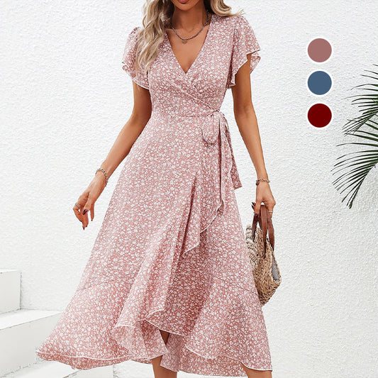 Women’s Summer Elegant V Neck Tie Waist Flowy Floral Dress