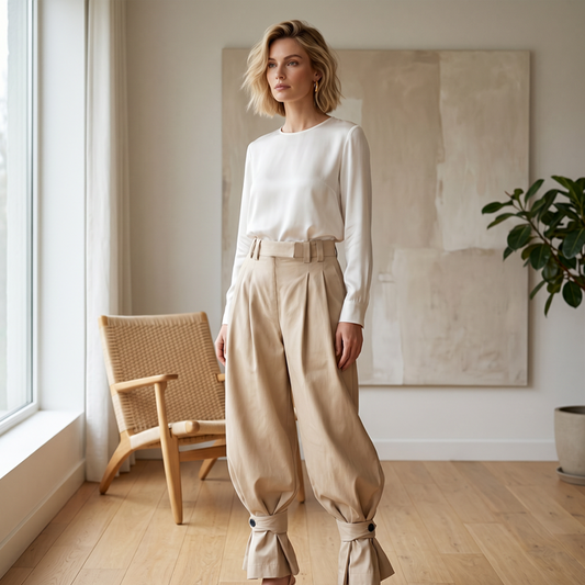Women's Pleated Lantern Pants with Ruffled Cuffs