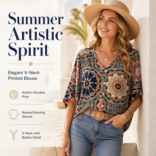 🔥Last Day Special Sale 60% OFF!!💝Women's V-Neck Bohemian Print Blouse Summer Loose Fit Shirt