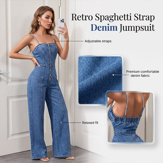 🚀Free delivery🚀Women Spaghetti Strap Wide Leg Denim Jumpsuit
