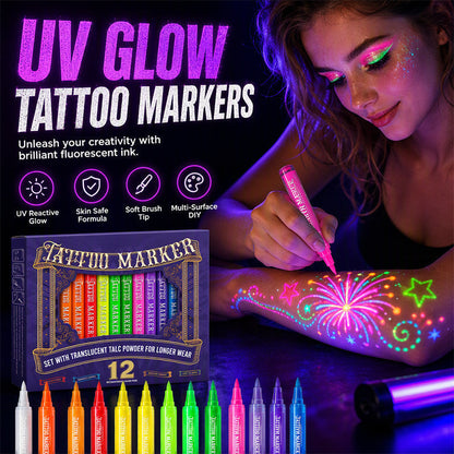 🔥 50% OFF! ✨ Glow Party Tattoo Pens | Temporary UV Body Art Markers | Fun Glow-in-the-Dark Designs for Parties, Festivals & Events 🎉