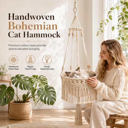 Bohemian Hanging Cat Hammock with Tassels for Indoor Use