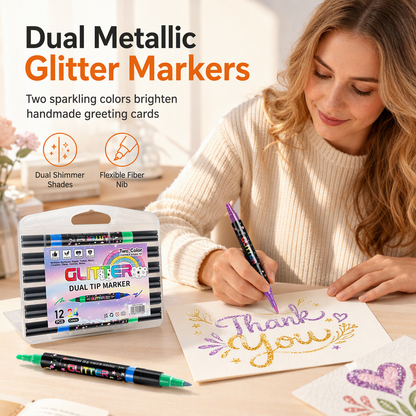 Dual Tip Metallic Glitter Acrylic Marker Pens for Journaling Greeting Cards and Art Projects