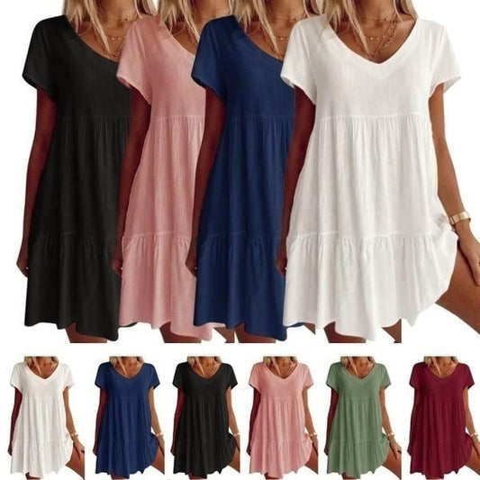 Large sizes cotton blend V-neck Casual woven dress with short sleeves