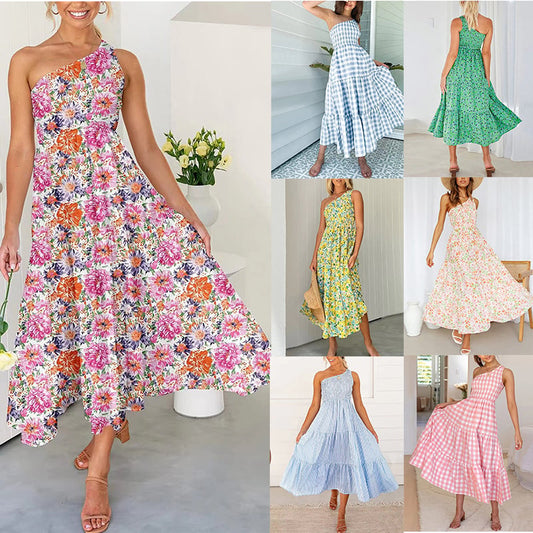 Women's 2023 Summer Bohemian One Shoulder Sleeveless Smocked Ruffle Tiered Beach Maxi Sun Dress