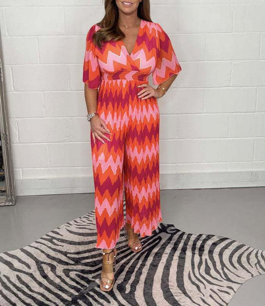 Wide leg V-neck casual printed jumpsuit