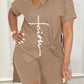 【Buy 2 Free Shipping】Letter Print Split Side V Neck T-Shirt & Shorts Two Piece Set