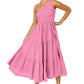 Women's 2023 Summer Bohemian One Shoulder Sleeveless Smocked Ruffle Tiered Beach Maxi Sun Dress