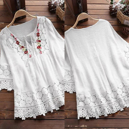 2023 New large sizes women's cotton linen top with loose embroidery