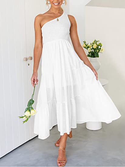 Women's 2023 Summer Bohemian One Shoulder Sleeveless Smocked Ruffle Tiered Beach Maxi Sun Dress